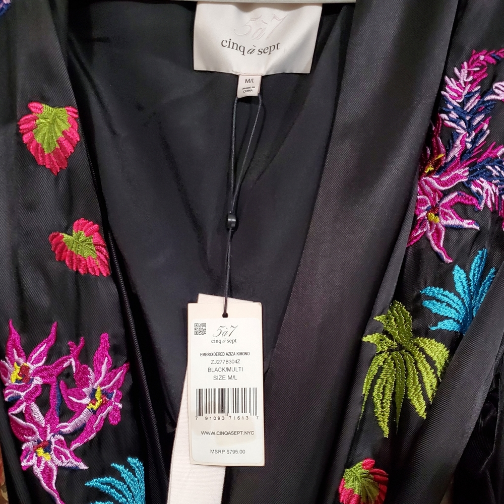 Cinq a sept aziza black multi embroidered kimono jacket robe M/L NWT msrp $795 - Picture 7 of 9